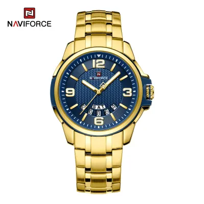 NAVIFORCE 9215 Men Wristwatch Top Brand Luxury Waterproof Watch Original Stainless Steel Sport Military Quartz Male Clock - Golden Blue